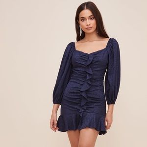 NEW ASTR Navy Blue Sweetheart Ruffle Ruched Front Long Sleeves Mini Dress SMALL